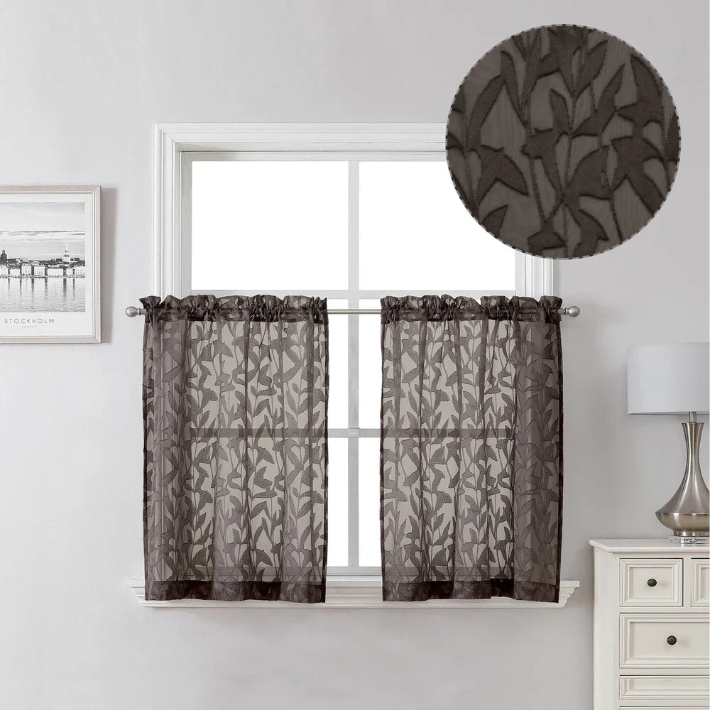 Set of 2 Sheer Curtain Panels, 38 W x 24 L (Brown Jacquard Textured Leaf)